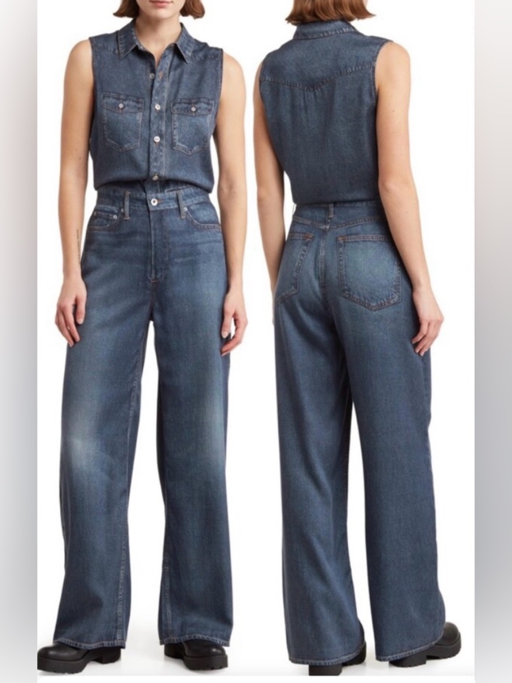 Rag & Bone Liquid Miramar Sleeveless Jumpsuit Wide Leg Denim Look Large